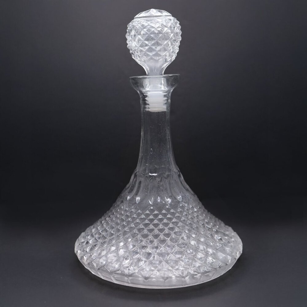 Vintage Diamond Cut Pressed Glass Decanter with Stopper Captain’s Style Barware
